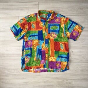 Vintage JAMS WORLD Rayon Button Up Shirt Men's L VIBRANT FLORAL Trisha‎